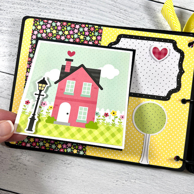 house shaped scrapbook album page with flip up home card