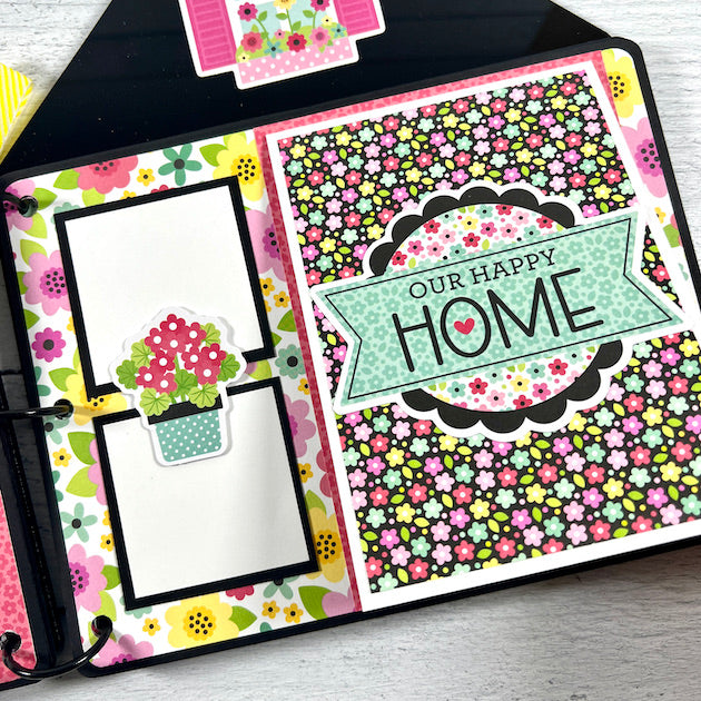 home house shaped scrapbook album page with flowers