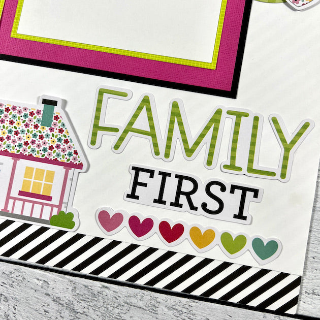 12x12 Family Home Scrapbook Page Layout with a house, flowers, & hearts