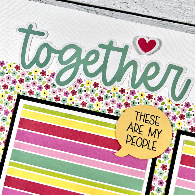 12x12 Family Home Scrapbook Page Layout with flowers & rainbow stripes