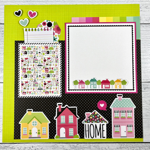 12x12 Family Home Scrapbook Page Layout with houses, hearts, a pocket, & tags