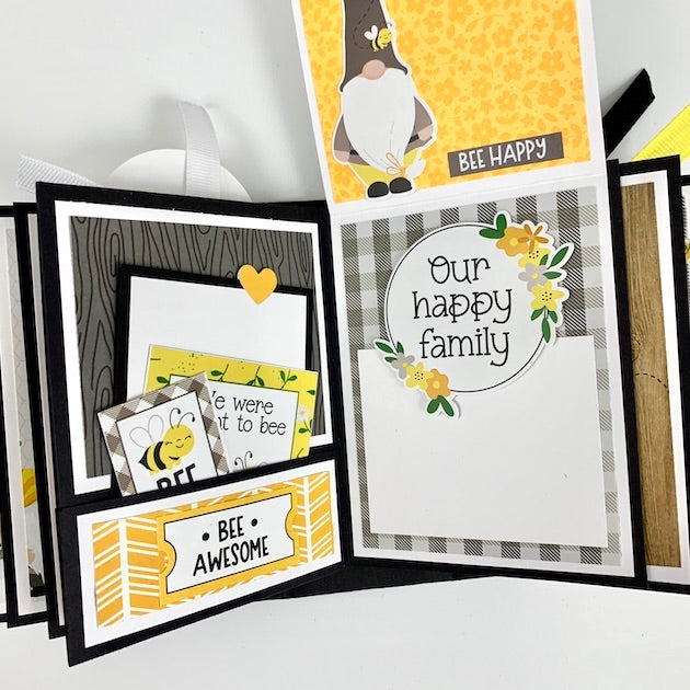 Honey Bee Scrapbook Album Page with pocket, folding card, and gnome