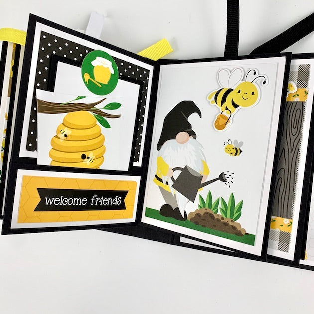 Honey Bee Scrapbook Album Page with pocket, beehive, and gnome