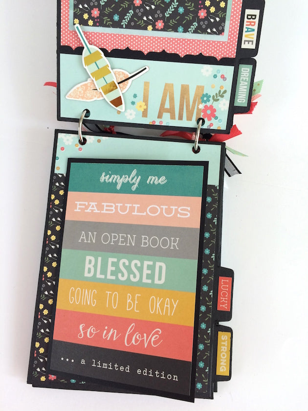 I Am Scrapbook Mini Album Page with bright colors, flowers, gold foil, feathers, and lots of positive, encouraing words