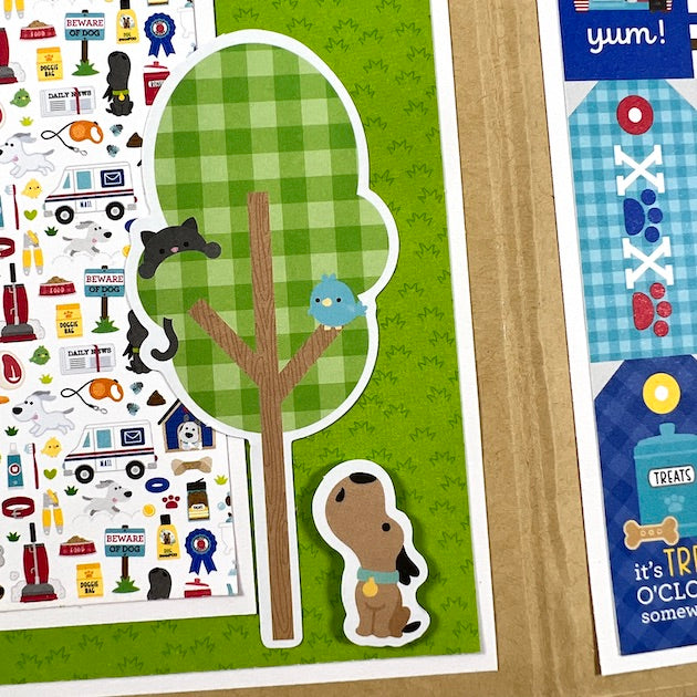 Puppy Dog Scrapbook Album page with dog barking at a cat in a tree