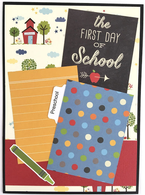 School Days scrapbook album page with a school house, polka dots, and a chalkboard