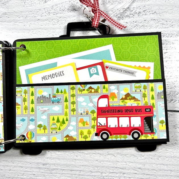 Travel Scrapbook Mini Album Page with red tour bus, map and pocket
