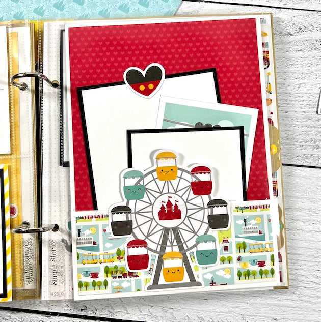 Best Day Ever Disney Themed Scrapbook Album Page with carousel ride & a pocket