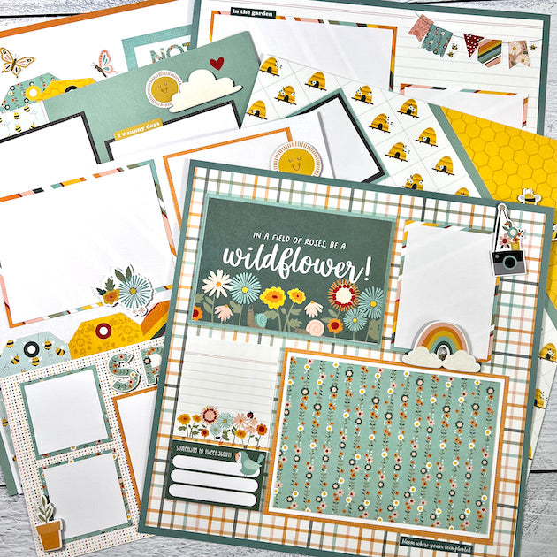 12x12 spring scrapbook layouts with flowers, sunshine, and bees