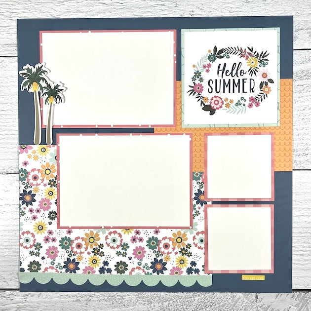Summer Pool Party Scrapbook Layout with flowers and palm trees