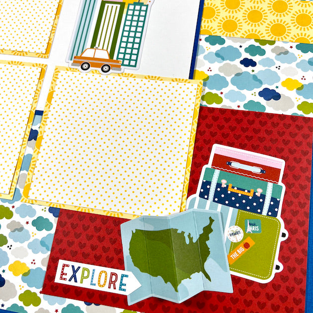 12x12 travel scrapbook page with map & luggage