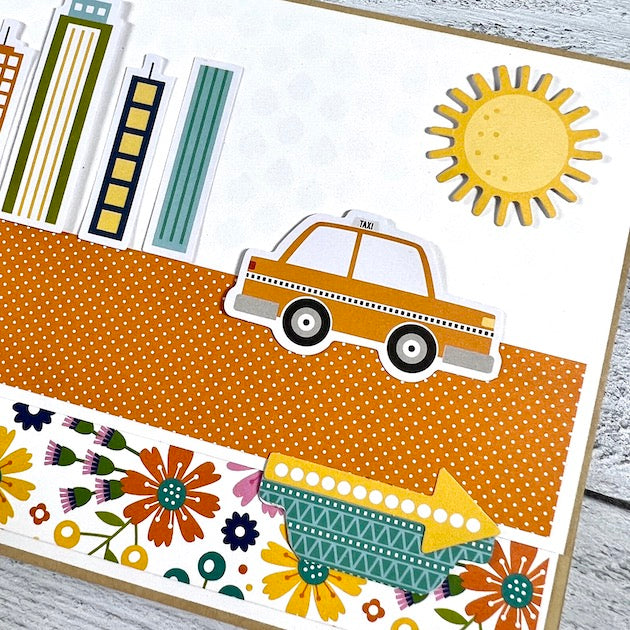 Travel Scrapbook Album Page with taxi, car, flowers, & sun