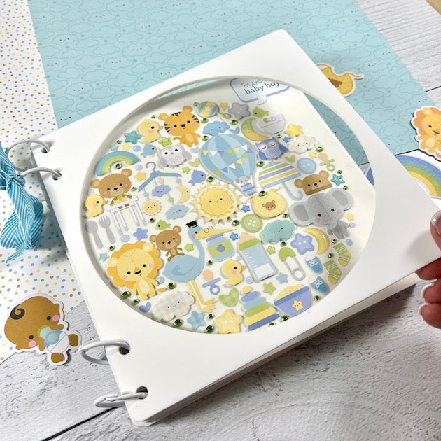 Baby Boy Scrapbook Album with circle window and stickers