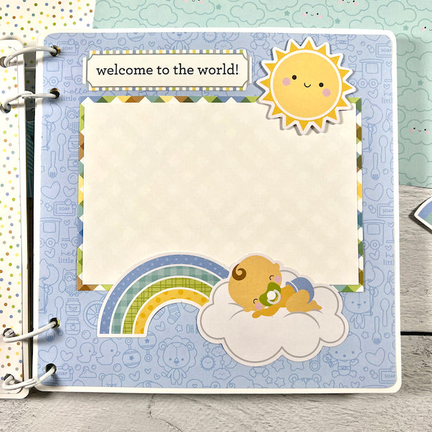Baby Boy Scrapbook Album page with rainbow, cloud and sunshine