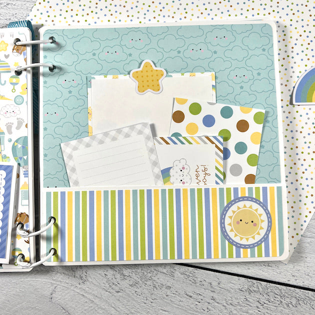 Baby Boy Scrapbook Album page with clouds and a pocket 