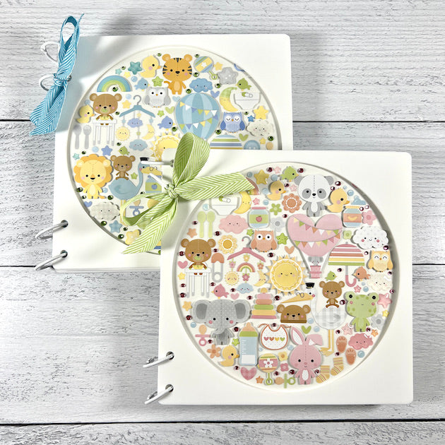 Baby boy & girl acrylic scrapbook albums with circle window & stickers