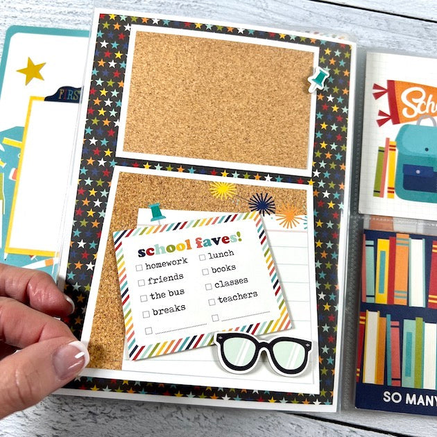 School Life scrapbook album page with flip-up card, books, and stars