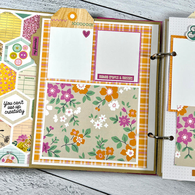 Creative Happy Girl Scrapbook album page with flowers and plaid paper