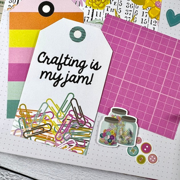 Creative Happy Girl Scrapbook album page with photo mat, craft supplies, and rainbow tag