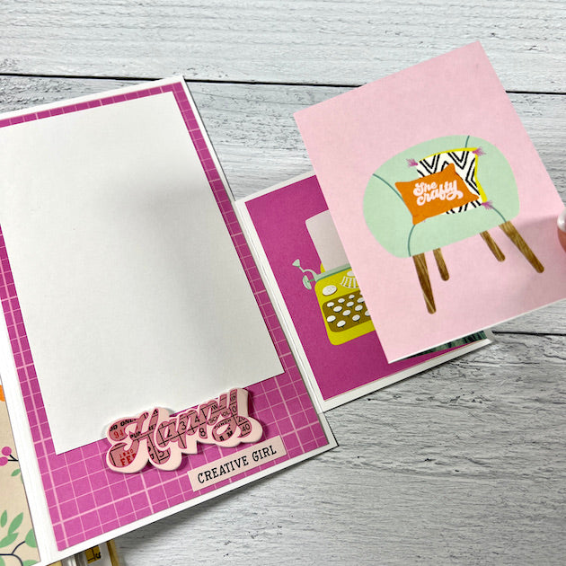Creative Happy Girl Scrapbook album page with photo mats, typewriter, and chair
