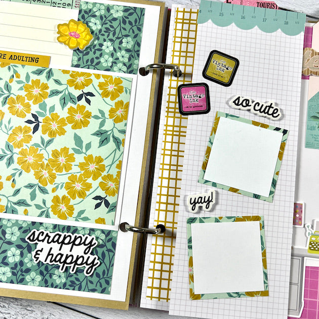 Creative Happy Girl Scrapbook album page with photo mats & flowers