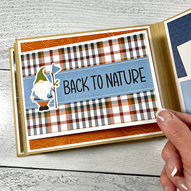 Roughin' It Scrapbook Album page with photo mats for camping adventures, plaid paper, & gnomes