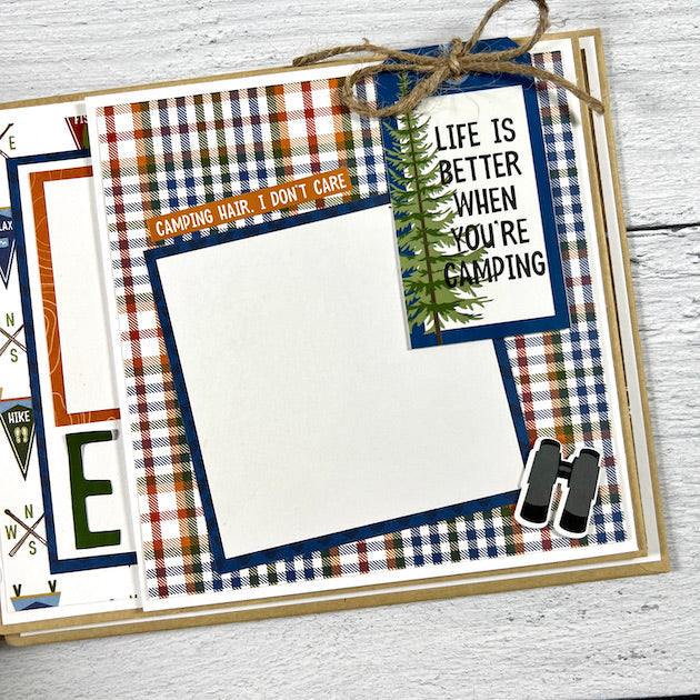 Roughin' It Scrapbook Album page with photo mat for camping adventures, pine tree tag, and twine