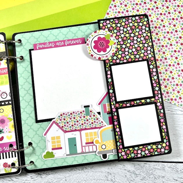 Happy Place family scrapbook album page with folding page