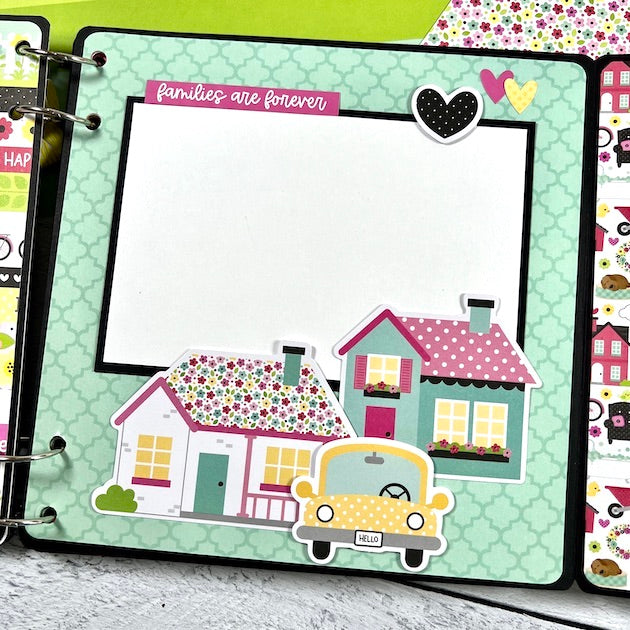 Happy Place family scrapbook album page with houses and yellow polka dot car
