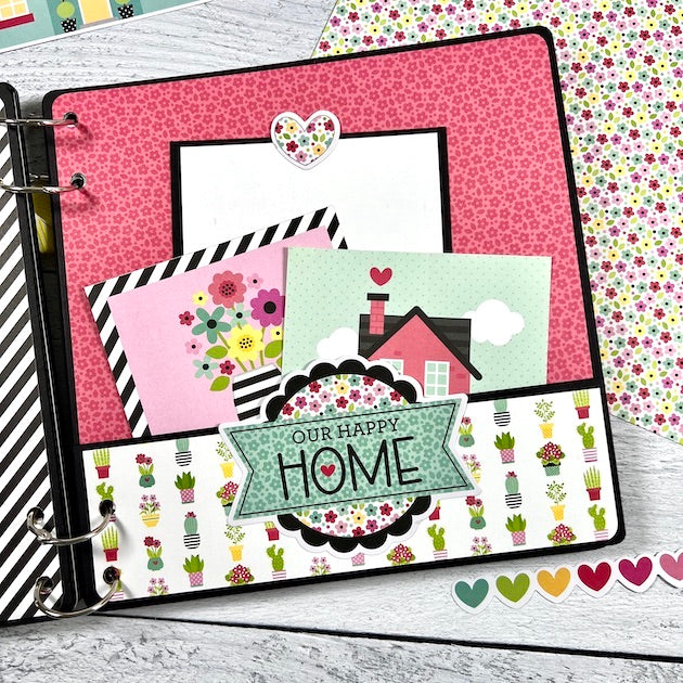 Happy Place family scrapbook album page with pocket and journaling cards