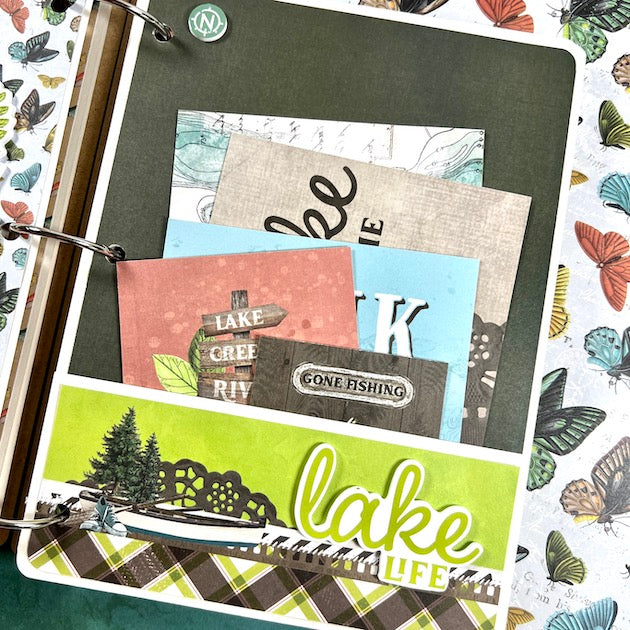 Lake vacation scrapbook album page with pocket and journaling cards