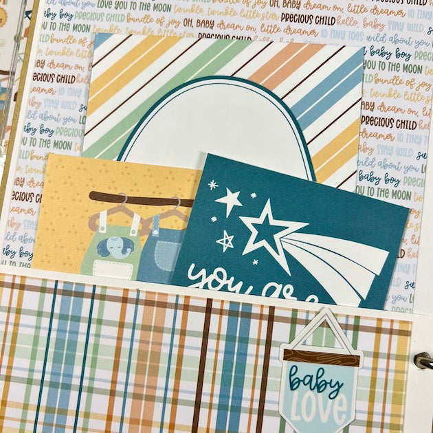 Twinkle Twinkle Baby Boy Scrapbook Album page with stripes & plaid paper