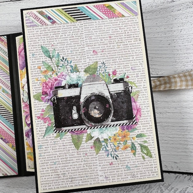 Beautiful Memories scrapbook page with flowers, camera, & typewriter text