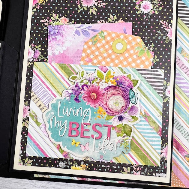 Beautiful Memories Spring scrapbook page with a pocket, flowers, and journaling cards