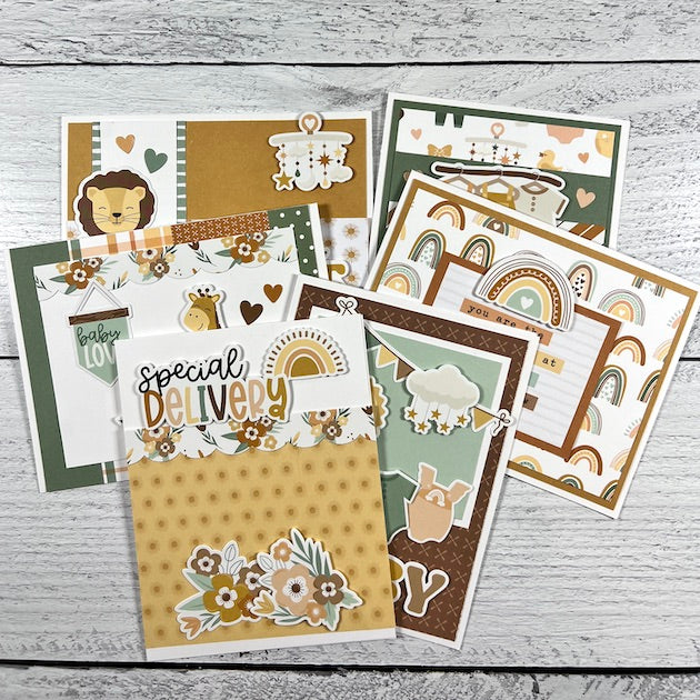 Baby Gender Neutral Greeting Card Kit with animals, rainbows, and flowers