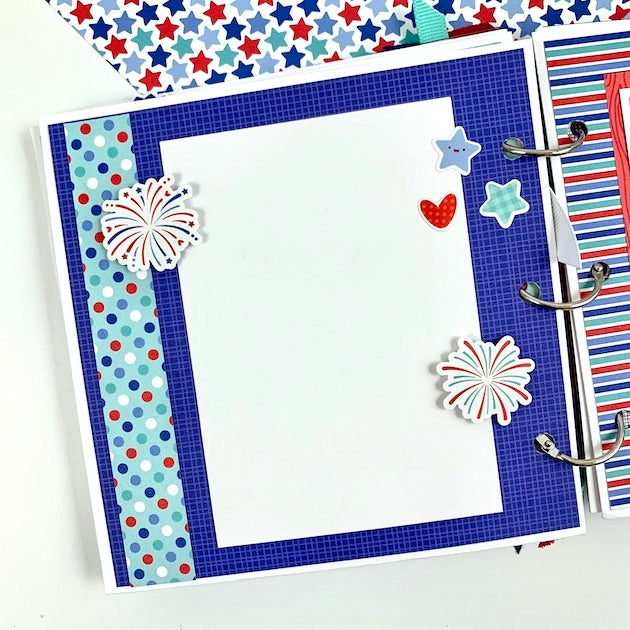 July 4th scrapbook page with fireworks and stars