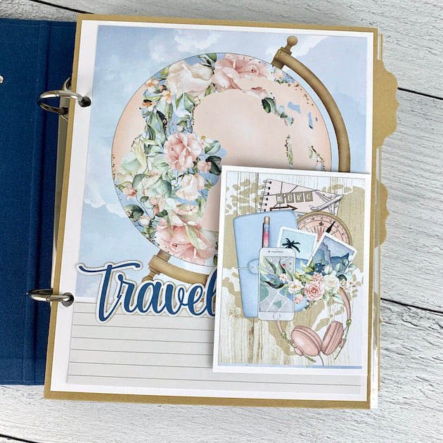 Let's Travel Scrapbook Album Page with Globe and Flowers