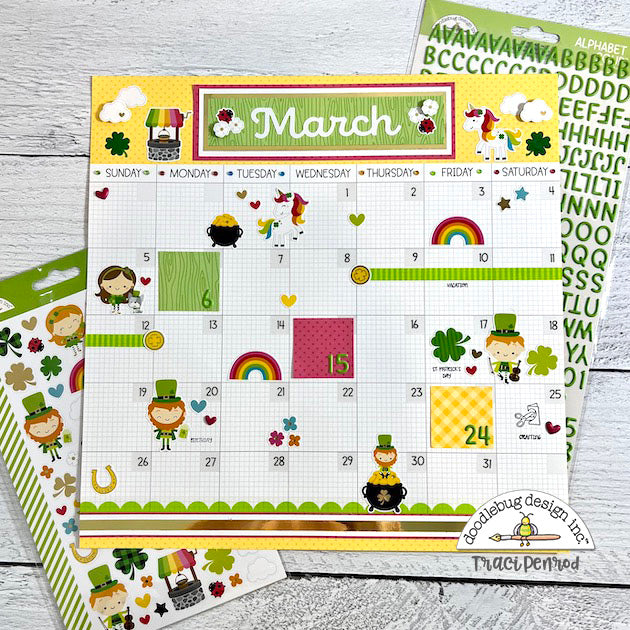 March Calendar Scrapbook Page with St. Patrick's Day Stickers