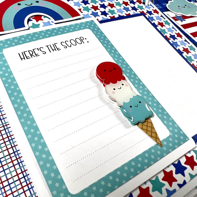 Memorial Day or July 4th patriotic scrapbook album page with ice cream cone & rainbow