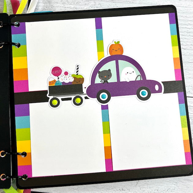 Doodlebug Monster Madness Halloween Scrapbook Page with car and wagon