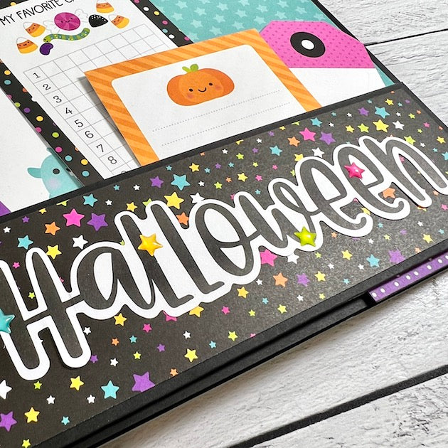 Doodlebug Monster Madness Halloween Scrapbook Page with pocket and journaling cards