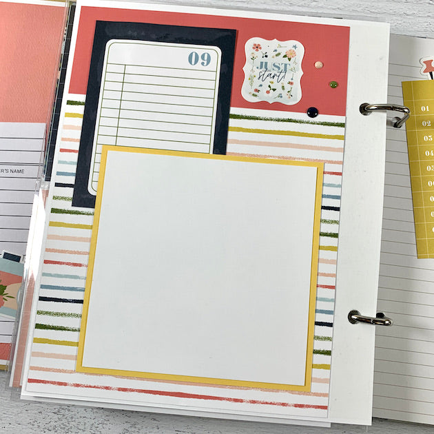 Monthly Scrapbook Page with stripes, photo mats, and journaling card