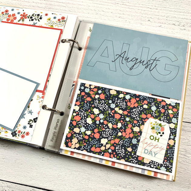 Monthly Scrapbook Page for August with photo mats & flowers