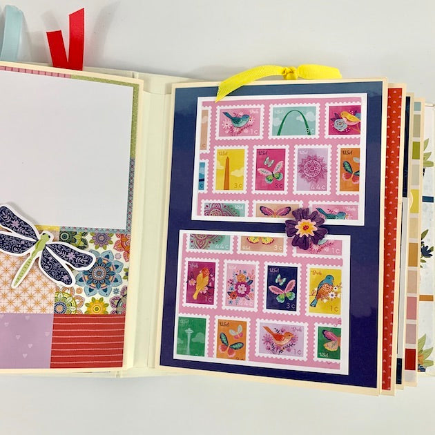 Mom Scrapbook Album Page with a pretty dragonfly, patterns, and stamps