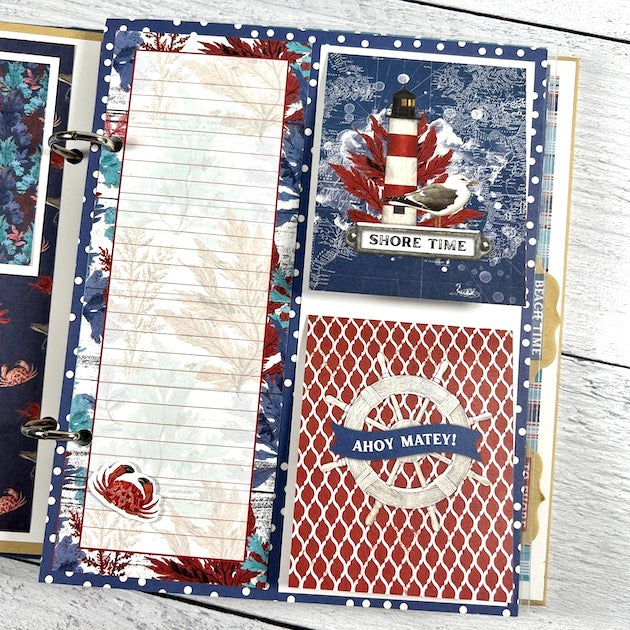 nautical beach scrapbook album page with lighthouse and flip-up cards