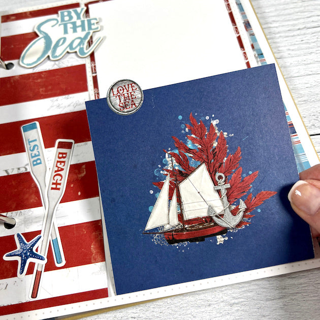 nautical beach scrapbook album page with sail boat, coral, & flip-up card