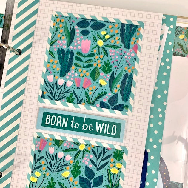 Never Grow Up Scrapbook Album page with wild flowers, stripes, & polka dots