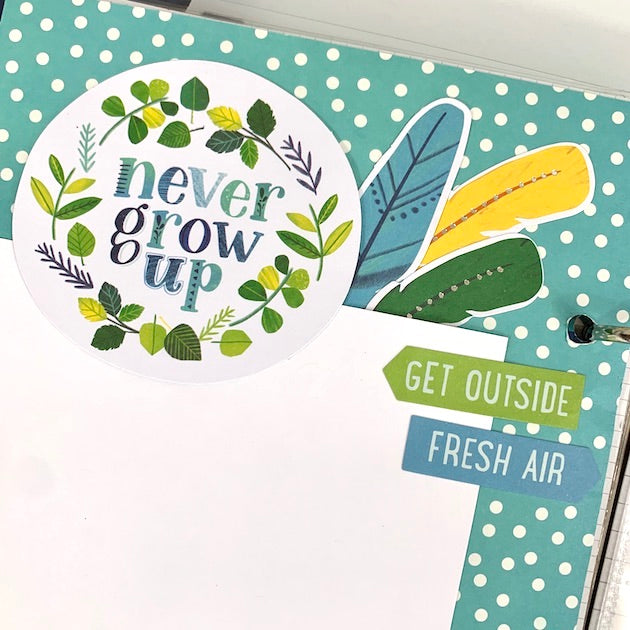 Never Grow Up Scrapbook Album page with feathers, leaves, & polka dots