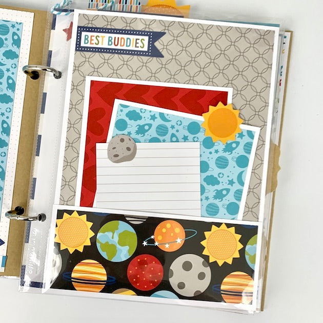 Outer Space Scrapbook Album page with pocket and journaling cards
