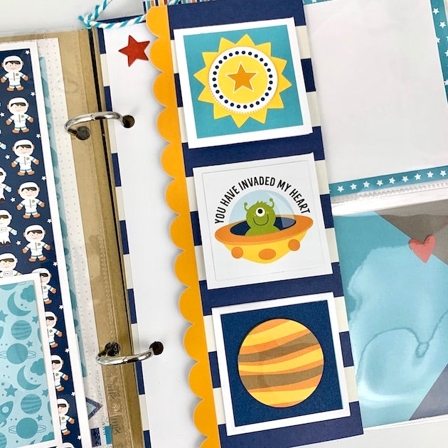 Outer Space Scrapbook Album page with folding page, planets, alien, & astronauts